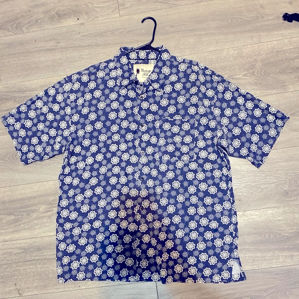 Vintage silk XXL Blue Floral Pattern Men's Shirt